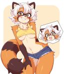 absurd_res ailurid anthro belly blush border bottomwear breasts brown_ears brown_markings chest_tuft clothed clothing crop_top denim denim_bottomwear denim_clothing denim_hotpants denim_shorts facial_markings female fur gloves_(marking) hair head_markings hi_res hotpants looking_at_viewer mammal maple_(muffyteru) markings mask_(marking) muffyteru multicolored_body multicolored_fur navel orange_body orange_eyes orange_face orange_fur orange_legs orange_tail red_panda shirt shorts simple_background skimpy smile solo striped_markings striped_tail stripes tail tail_markings topwear tuft two_tone_body two_tone_fur under_boob white_belly white_body white_fur white_hair yellow_background yellow_clothing yellow_crop_top yellow_shirt yellow_topwear