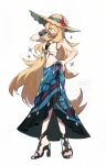  1girl :d blonde_hair blue_sarong brown_hat crop_top cynthia_(pokemon) cynthia_(summer_2025)_(pokemon) flower grey_eyes hair_over_one_eye hand_on_own_hip hat hat_flower high_heels highres kawasaki_(kwsk_8765) long_hair looking_at_viewer official_alternate_costume open_mouth pokemon pokemon_masters_ex sarong smile solo standing sun_hat very_long_hair white_background 