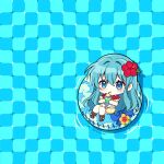  1girl bikini blue_innertube blush checkered_background chibi chibi_only commentary cup drinking_glass drinking_straw drinking_straw_in_mouth eirika_(fire_emblem) eirika_(summer)_(fire_emblem) fire_emblem fire_emblem:_the_sacred_stones fire_emblem_heroes flower food full_body hair_between_eyes hair_flower hair_ornament highres holding holding_cup ice_cream ice_cream_float long_hair looking_at_viewer maji_(majibomber) official_alternate_costume on_innertube red_flower solo swimsuit symbol-only_commentary twitter_username very_long_hair 