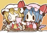  :3 :o adomi ascot bat_wings blonde_hair blue_hair blush_stickers chair chibi dress flandre_scarlet food food_on_face fork handkerchief hat hat_ribbon millipen_(medium) mob_cap multiple_girls o_o one_eye_closed open_mouth pasta pink_dress plate puffy_sleeves red_dress remilia_scarlet ribbon short_sleeves siblings sisters sitting spaghetti table touhou traditional_media v-shaped_eyebrows wings wiping_face 