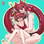  2girls black_hair blush breasts cleavage dragon_ears dragon_girl dragon_horns dragon_tail embarrassed extra_ears green_eyes hair_between_eyes head_wings horns hug hug_from_behind japari_symbol kemono_friends kemono_friends_3 kusamogura multicolored_horns multiple_girls off_shoulder open_mouth pink_horns red_dragon_(kemono_friends) red_eyes red_hair scale_print shirt short_hair smile suzaku_(kemono_friends) tail white_hair wings yellow_horns yuri 