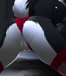 2025 anthro anus black_body black_fur black_hair black_tail butt canid canine clothed clothed_anthro clothed_female clothing clothing_aside digital_media_(artwork) faceless_anthro faceless_character faceless_female female fur genitals hair hi_res legwear lesspie mammal panties panties_aside partially_clothed partially_clothed_anthro partially_clothed_female rear_view tail thigh_highs underwear underwear_aside vulva