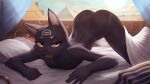 anthro ass_up black_body black_fur bodily_fluids breasts domestic_cat drooling egyptian felid feline felis female fur fur_markings hi_res looking_at_viewer mammal markings pyramid saliva small_breasts snaggle_tooth solo tailless under_covers w4g4 yellow_eyes