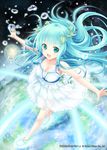  :d akkijin anklet blue_hair bracelet dress gaia_(shinkai_no_valkyrie) green_eyes hair_ornament happy jewelry leaf long_hair official_art open_mouth shinkai_no_valkyrie smile solo water_drop 