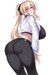  1girl absurdres ass black_sports_bra blonde_hair blush breasts collar cropped_jacket from_behind highres huge_breasts jacket kubiwa_(kutan) kutan long_hair looking_at_viewer open_clothes open_jacket original pants ponytail red_collar red_eyes solo sports_bra sportswear white_background yoga_pants 