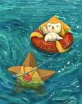  :o =_= arm_up clenched_hand full_body gem gyura holding holding_rope innertube jirachi leg_up lying no_humans on_back open_mouth partially_submerged pokemon pokemon_(creature) red_gemstone rope staryu swim_ring swimming water 