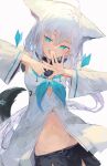  1girl absurdres ahoge animal_ear_fluff animal_ears aqua_eyes black_shorts blue_neckerchief braid breasts detached_sleeves ear_piercing earrings fox_ears fox_girl fox_shadow_puppet fox_tail front_slit groin hair_between_eyes highres hololive hood hoodie ichika_(ichika87) jewelry long_hair looking_at_viewer midriff navel neckerchief open_mouth pentagram piercing shirakami_fubuki shirakami_fubuki_(1st_costume) short_shorts shorts side_braid simple_background single_braid smile solo stomach tail virtual_youtuber white_background white_hair white_hoodie wide_sleeves 