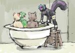 2012 anthro black_body black_fur blue_hair bowl broth colored container food fur green_body green_skin grey_body grey_fur group guide_lines hair imminent_vore inside jeri_kleinlowe looking_at_another male male/male mammal mephitid mouse murid murine nude nude_male open_mouth partially_submerged purple_body purple_fur raised_tail rodent scalie skunk smile soaking soup standing stepladder tail white_body white_fur