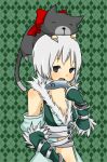  1girl animal_on_head argyle_background black_cat blush bow breasts cat cat_on_head choker coat commentary_request cross-laced_clothes cross-laced_top expressionless fingerless_gloves fish_in_mouth fur-trimmed_coat fur_trim gloves green_background green_coat green_gloves grey_eyes grey_hair looking_at_viewer meiko_(nattu303) on_head open_mouth ragnarok_online red_bow shadow_chaser_(ragnarok_online) short_hair small_breasts solo upper_body white_choker 