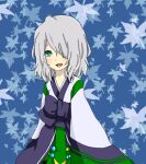  1girl alternate_color blue_background blue_eyes blush boots bow commentary_request cowboy_shot falling_leaves green_skirt grey_hair hair_between_eyes hair_over_one_eye hanbok korean_clothes leaf long_bangs looking_at_viewer lowres maple_leaf medium_hair meiko_(nattu303) open_mouth purple_bow ragnarok_online shirt skirt sleeves_past_fingers sleeves_past_wrists slit_pupils smile solo soul_linker_(ragnarok_online) waist_bow white_shirt 