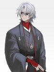  1boy antonio_salieri_(fate) antonio_salieri_(over_the_same_sky)_(fate) bridal_gauntlets closed_mouth fate/grand_order fate_(series) folded_fan folding_fan grey_hair grey_kimono hair_between_eyes half_updo hand_fan highres holding holding_fan japanese_clothes kimono long_sleeves looking_afar looking_to_the_side male_focus medallion medium_hair red_eyes red_shirt ringed_eyes shirt simple_background smile solo takustorage turtleneck undershirt white_background wide_sleeves 