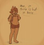 2024 anthro belly_tuft bottomwear clothed clothing clothing_lift domestic_cat english_text felid feline felis goopystem_(artist) heat_(temperature) hi_res kipper_(goopystem) male male_anthro mammal navel nipples restricted_palette shirt shirt_lift shorts sketch solo speech_bubble standing text topwear tuft
