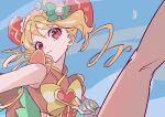  1girl absurdres back_bow bare_legs bare_shoulders blonde_hair blue_sky bow bowtie brooch bun_cover closed_mouth collared_shirt cure_yum-yum delicious_party_precure determined double_bun drill_hair eyelashes feathers food-themed_clothes food-themed_hair_ornament frilled_shirt frills gloves green_bow hair_between_eyes hair_bun hair_ornament hanamichi_ran hat hat_bow heart heart_brooch heart_print highres jewelry kicking large_bow leg_up light_frown long_hair magical_girl orange_bow orange_shirt pom_pom_hat_ornament precure red_brooch red_eyes shipu_(gassyumaron) shirt single_stripe sky sleeveless sleeveless_shirt solo striped_bow striped_bowtie striped_clothes tareme twin_drills two-tone_bow upper_body v-shaped_eyebrows white_gloves wind yellow_bow yellow_bowtie 