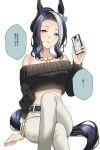  1girl animal_ears bare_shoulders belt black_hair braid breasts cellphone cleavage commentary hair_bun highres holding holding_phone horse_ears horse_girl horse_tail large_breasts long_hair looking_at_viewer matuda_(matudayazo) mejiro_ramonu_(umamusume) mole mole_under_eye multicolored_hair pants phone purple_eyes shirt simple_background sitting smartphone smile streaked_hair tail umamusume white_background white_hair 