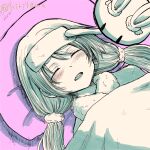  1girl blush closed_eyes commentary_request don-chan_(usada_pekora) highres hololive kiritoma long_hair low_twintails lying on_back parted_lips pekomon_(usada_pekora) pillow short_eyebrows teeth thick_eyebrows twintails twitter_username under_covers upper_teeth_only usada_pekora virtual_youtuber 