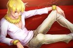  blonde_hair bracelet couch fate/zero fate_(series) gilgamesh horns jewelry licking_lips male_focus momopanda red_eyes snakeskin_print solo tongue tongue_out 