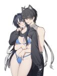  1boy 1girl absurdres alternate_costume bikini black_eyes black_hair black_pants black_shrug blue_bikini blush breasts collarbone commentary_request couple cowboy_shot feather_hair grey_shirt hair_intakes hand_in_bikini hand_up hetero highres hood hood_down hug hug_from_behind kohane_kun long_hair looking_at_another male_rover_(wuthering_waves) medium_breasts mole mole_under_eye one_eye_closed pants rover_(wuthering_waves) shirt shrug_(clothing) simple_background sleeveless sleeveless_shirt smile swimsuit very_long_hair white_background wuthering_waves yangyang_(wuthering_waves) yellow_eyes 