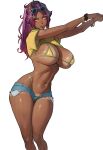  1girl absurdres beuto bikini bleach bracelet brazil breasts commentary dark-skinned_female dark_skin denim denim_shorts english_commentary eyewear_on_head flower hair_flower hair_ornament highleg highleg_bikini highres jewelry large_breasts lips long_hair micro_shorts navel_piercing piercing ponytail purple_hair shihouin_yoruichi shorts sunglasses swimsuit tan tanlines yellow_eyes 