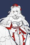  1girl animal_ears arknights bare_shoulders blue_background blue_eyes breasts chinese_commentary cleavage closed_mouth commentary_request crossed_bangs dress hair_between_eyes hair_ornament hat heterochromia highres large_breasts long_hair looking_at_viewer off_shoulder official_alternate_costume partial_commentary partially_colored piaoliu_ping_ping_ping_pingzi red_eyes red_hat rosa_(arknights) rosa_(masterpiece)_(arknights) simple_background skirt_hold smile solo standing tassel tassel_hair_ornament 