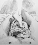  1boy 1girl bdsm bondage bound bound_wrists chernyart chest_hair closed_eyes commentary crosshatching english_commentary femdom foot_on_another&#039;s_face greyscale hatching_(texture) highres marker_(medium) monochrome original panties pectorals rope stepped_on traditional_media underwear unworn_panties 