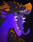 ambiguous_feral ambiguous_gender blue_body blue_scales breath cheek_frill dragon feral grey_body grey_scales hi_res horn looking_at_viewer mouth_shot mythological_creature mythological_scalie mythology open_mouth orange_horn orange_sclera purple_body purple_scales purple_tongue riorix scales scalie sharp_teeth simple_background solo teeth tongue white_eyes