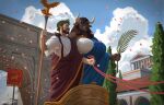 2025 4:3 ancient_rome anthro banner beard big_breasts blue_eyes bovid bovine breasts brooch brown_body brown_fur brown_hair building cattle celebration chariot_(vehicle) clothed clothing cloud detailed digital_drawing_(artwork) digital_media_(artwork) duo european_mythology ewademar facial_hair female fronds fur greek_mythology hair hand_on_shoulder happy hi_res holding_object holding_reins holding_staff holding_standard horn huge_breasts human laurel_wreath male mammal minotaur mythology nihea_avarta numerius_ignius_bubulcus outside parade petals plant reins roman sky smile staff standard toga tree voluptuous_female