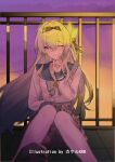  1girl black_bow black_hairband bow buttons closed_mouth double-breasted firefly_(honkai:_star_rail) firefly_(spring_missive)_(honkai:_star_rail) grey_hair grey_sailor_collar grey_skirt hair_between_eyes hair_bow hairband hand_up highres honkai:_star_rail honkai_(series) index_finger_raised knees_up long_hair one_eye_closed plaid_clothes plaid_skirt rooftop sailor_collar shirt sitting skirt smile solo srpzk thighhighs very_long_hair white_shirt white_thighhighs 