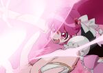  1girl absurdres aino_megumi attack back_bow black_vest bow cowboy_shot cure_lovely determined dot_nose eyelashes floating_hair frilled_skirt frilled_sleeves frilled_vest frills hair_between_eyes hair_ornament hair_ribbon happinesscharge_precure! heart heart_background heart_hair_ornament highres laser leaning_forward light_particles long_hair looking_ahead magic miniskirt motion_blur motion_lines open_mouth pink_background pink_bow pink_eyes pink_hair pink_skirt ponytail precure puffy_short_sleeves puffy_sleeves ribbon shipu_(gassyumaron) shirt short_sleeves signature skirt solo tareme teeth upper_teeth_only v-shaped_eyebrows vest white_arm_warmers white_ribbon white_shirt 