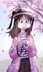  1girl azumanga_daioh black_eyes boater_hat bow brown_bow brown_hair brown_skirt camera cherry_blossoms falling_petals farhan_melukis grass holding holding_camera jacket kasuga_ayumu looking_down petals pink_jacket pleated_skirt ribbed_jacket shining shirt skirt sky spring_(season) striped_clothes striped_shirt 