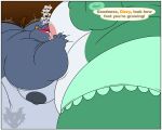 animal_crossing anthro areola back_rolls belly big_belly big_breasts blush border breastfeeding breasts brown_background butt clothing dialogue dialogue_box dizzy_(animal_crossing) duo elephant elephantid english_text expansion eyes_closed female green_body grey_areola grey_nipples hand_on_breast hi_res huge_belly huge_breasts hyper hyper_belly hyper_breasts jouigidragon male male/female mammal markings milk moobs morbidly_obese morbidly_obese_anthro morbidly_obese_female morbidly_obese_male motion_lines nintendo nipples obese obese_anthro obese_female obese_male onomatopoeia opal_(animal_crossing) overweight overweight_anthro overweight_female overweight_male panties pink_areola proboscidean simple_background sound_effects tail text underwear watermark weight_gain white_border white_markings