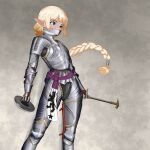  1girl absurdres armor bevor blonde_hair blue_eyes boagnnnnnnn braid braided_ponytail buckler chainmail cuirass elf english_commentary gauntlets gothic_plate_armor greaves grey_background highres long_hair looking_to_the_side original pauldrons plate_armor pointy_ears shield shoulder_armor solo standing very_long_hair war_hammer weapon 