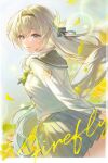  1girl absurdres black_hairband black_ribbon blush bow bowtie buttons collared_shirt double-breasted falling_petals firefly_(honkai:_star_rail) firefly_(spring_missive)_(honkai:_star_rail) flower from_behind gradient_eyes green_bow green_bowtie green_pupils grey_hair grey_sailor_collar grey_shirt grey_skirt hair_between_eyes hair_intakes hair_ornament hair_ribbon hairband highres honkai:_star_rail honkai_(series) long_hair looking_back multicolored_eyes open_mouth petals plaid_bow plaid_bowtie plaid_clothes pleated_skirt ribbon sailor_collar shirt skirt smile sohan_(sohan_416) solo teeth two-tone_eyes white_shirt yellow_flower 