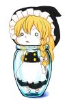  1girl ameya_nihachi apron blonde_hair blush bobby_socks bottle bow braid chibi commentary_request full_body glass_bottle hair_bow hat in_bottle in_container kirisame_marisa long_hair mary_janes o_o open_mouth raised_eyebrows shoes simple_background single_braid skirt socks solo standing stuck touhou turtleneck unlikely_accident waist_apron white_background witch_hat 