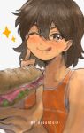  +_+ 1boy ;q absurdres bacon bare_arms bare_shoulders blurry blurry_foreground bread brown_eyes brown_hair commentary_request dark-skinned_male dark_skin double-parted_bangs english_text film_grain finger_to_cheek food hair_behind_ear hair_between_eyes hands_up highres holding holding_food kel_(faraway)_(omori) kel_(omori) lettuce looking_at_viewer male_focus nat_omogu omori one_eye_closed orange_tank_top saliva sandwich short_hair simple_background solo tank_top tongue tongue_out upper_body white_background yellow_pupils 