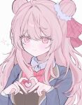  1girl ahoge bow bowtie closed_mouth double_bun hair_bun hair_ribbon happy_sugar_life heart heart_hands highres long_hair matsuzaka_satou pink_bow pink_bowtie pink_eyes pink_hair pink_ribbon ribbon school_uniform shirt solo tea_0je upper_body white_background white_shirt 