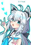  1girl ahoge animal_ear_fluff animal_ears blue_eyes blue_outline blush braid commentary_request double_fox_shadow_puppet drawstring ear_piercing fox_ears fox_shadow_puppet grey_hair hair_intakes hands_up heart highres hololive kiritoma long_hair long_sleeves looking_at_viewer open_mouth outline piercing shirakami_fubuki shirakami_fubuki_(1st_costume) signature simple_background single_braid solo upper_body very_long_hair virtual_youtuber white_background wide_sleeves 
