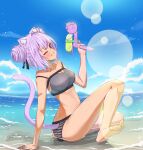  1girl alternate_hair_length alternate_hairstyle animal_ears arm_support bandaid bandaid_on_arm beach bikini blue_sky blush breasts cat_ears cat_girl cat_tail cleavage cloud collarbone day double_bun fingernails full_body grey_bikini grin hair_bun hand_up highres hill holding holding_water_gun hololive kyo_se large_breasts lens_flare light_particles linea_alba long_hair mountainous_horizon nail_polish nekomata_okayu ocean one_eye_closed outdoors pink_hair pink_tail purple_eyes purple_nails sidelocks sitting sky smile solo sparkle striped_bikini striped_clothes sunlight swimsuit tail toenail_polish toenails twisted_torso virtual_youtuber water_gun waves wispy_bangs 