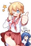 2girls blonde_hair blue_eyes blue_hair blush breasts brown_shoes closed_eyes four-pointed_star happy highres izumi_konata long_hair looking_at_viewer lucky_star mole mole_under_eye multiple_girls patricia_martin pleated_skirt red_sailor_collar red_skirt ryouou_school_uniform sailor_collar sailor_shirt school_uniform shirt shoes short_hair skirt smile socks thighs thumbs_up todomaki41 white_background white_socks yellow_star 