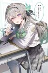  1girl aqua_hair black_sailor_collar book bow bowtie eraser firefly_(honkai:_star_rail) firefly_(spring_missive)_(honkai:_star_rail) floating_hair gradient_hair green_bow green_bowtie grey_hair highres honkai:_star_rail honkai_(series) indoors kawachi_rin long_hair long_sleeves looking_at_viewer multicolored_hair official_alternate_costume open_book open_mouth pencil sailor_collar school_uniform shirt sitting skirt smile solo speech_bubble teeth thighhighs upper_teeth_only white_shirt white_thighhighs 