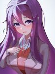  1girl aegyo_sal coat collared_shirt doki_doki_literature_club doki_doki_literature_club_school_uniform grey_coat hair_between_eyes hair_ornament hairclip hand_on_own_chest highres long_sidelocks looking_at_viewer narrow_waist neck_ribbon pink_vest purple_eyes purple_hair ribbon school_uniform shirt sidelocks solo sparkling_eyes sweat upper_body very_long_sidelocks vest white_background white_shirt yame_pi yuri_(doki_doki_literature_club) 