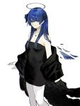 1girl absurdres arknights arknights_yuu12 asymmetrical_gloves black_coat black_dress black_gloves black_horns blue_eyes blue_hair breasts chromatic_aberration closed_mouth coat cowboy_shot cross cross_necklace dress earrings gloves grey_halo hair_between_eyes halo highres horns jewelry latin_cross long_hair looking_at_viewer mismatched_gloves mostima_(arknights) necklace off_shoulder pantyhose short_dress simple_background small_breasts smile solo standing strapless strapless_dress traditional_halo white_background white_gloves white_pantyhose 