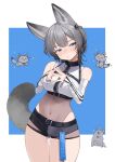  1girl absurdres animal_ears bare_shoulders belt black_shorts blue_background blue_eyes blush border chest_harness covered_navel cowboy_shot crescent crescent_hair_ornament detached_sleeves grey_hair hair_ornament harness highres indie_virtual_youtuber leotard leotard_under_clothes medium_hair micro_shorts multicolored_leotard nanao_sakuya second-party_source see-through_clothes see-through_leotard shorts solo steepled_fingers tag tail thigh_gap two-tone_leotard two_side_up umino_hotate virtual_youtuber white_border white_leotard white_sleeves wolf_cut wolf_ears wolf_girl wolf_tail 