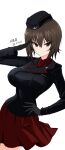  1girl absurdres aikir_(jml5160) arm_up black_gloves black_jacket breasts brown_eyes brown_hair closed_mouth commentary_request dated double-parted_bangs dress_shirt emblem garrison_cap girls_und_panzer gloves hair_between_eyes hand_on_own_hip happy_birthday hat highres insignia jacket kuromorimine_military_uniform large_breasts long_sleeves looking_at_viewer medium_hair military military_hat military_uniform miniskirt nishizumi_maho pleated_skirt red_shirt red_skirt salute shirt simple_background skirt solo white_background 