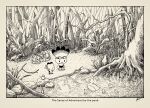  2boys animal baby_animal backpack bag bird black_shorts border branch camping commentary duck duckling english_commentary flag foliage forest grass greyscale holding holding_flag initial leaf lineart monochrome multiple_boys nature on_rock original outdoors plant rock scenery shoes shorts smile solid_circle_eyes stick takitasaki tree water white_border 