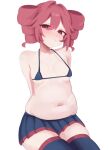  1girl arms_behind_back bikini blue_bikini blue_skirt blush breasts drill_hair hair_between_eyes hair_intakes head_tilt highres kasane_teto looking_at_viewer medium_breasts miniskirt navel parted_lips pleated_skirt plump red_eyes red_hair sitting skirt solo string_bikini swimsuit thighhighs twin_drills ur_(ur_o_) utau white_background zettai_ryouiki 