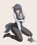 1girl :p absurdres alter_kamerade animal_ears arknights arm_under_breasts black_hair black_nails black_pants black_pantyhose black_shoes black_tail black_vest blush breasts character_name chinese_commentary closed_mouth collarbone commentary_request cup fingernails full_body grey_background hair_between_eyes hair_intakes hand_on_own_arm high_heels highres inset jewelry large_breasts long_hair long_sleeves looking_at_viewer mug multicolored_eyes nail_polish official_art_inset pants pantyhose partial_commentary purple_eyes ring shirt shoes simple_background sitting solo spill tail texas_(arknights) tongue tongue_out two-tone_eyes variant_set vest wariza white_shirt wolf_ears wolf_girl wolf_tail yellow_eyes 