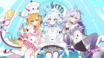  3girls :p ahoge apron black_bow blonde_hair bloomers blue_eyes blue_hair blue_nails blush bow breasts chef_hat cream crossed_bangs diamond_(shape) drop-shaped_pupils escoffier_(genshin_impact) food food-themed_hat fruit furina_(genshin_impact) garter_straps genshin_impact grey_hair hair_between_eyes hair_ornament hat heart heart_in_eye heterochromia highres holding holding_food holding_ice_cream holding_spoon ice_cream ice_s_s_z long_hair looking_at_viewer mechanical_tail medium_breasts multicolored_hair multiple_girls nail_polish pink_bow pink_nails prosthesis prosthetic_arm prosthetic_leg red_eyes short_hair sitting skirk_(genshin_impact) small_breasts spoon strawberry striped_clothes striped_thighhighs symbol-shaped_pupils symbol_in_eye tail thighhighs tongue tongue_out top_hat vertical-striped_clothes vertical-striped_thighhighs white_apron white_bow white_hair wrist_cuffs 