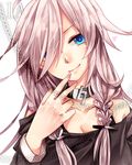  blue_eyes braid breasts choker cleavage hair_over_one_eye hand_on_own_face highres ia_(vocaloid) long_hair looking_at_viewer medium_breasts nail_polish off_shoulder pink_hair smile solo twin_braids vocaloid wakatsuki_you 
