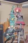  2girls :o absurdly_long_hair ahoge alternate_hairstyle bare_shoulders belt black_belt black_boots black_skirt black_sleeve_cuffs black_sleeves black_thighhighs blue_necktie boots bow buttons collared_shirt commentary detached_sleeves double-breasted electric_guitar esp_stream-miku-custom feet_out_of_frame flat_chest flower full_body grey_jacket grey_shirt grey_skirt guitar hair_bow hair_flower hair_ornament hair_ribbon hatsune_miku highres indoors instrument jacket kasane_teto kasane_teto_(sv) kneehighs lace-up_boots ladder layered_skirt layered_sleeves legs_folded long_hair long_sleeves looking_at_object miniskirt multiple_girls music necktie on_ladder paper playing_guitar playing_instrument pocche-ex red_skirt red_socks red_trim ribbon shirt shoulder_belt shoulder_boards skirt socks standing sweatdrop synthesizer_v thighhighs utau very_long_hair vocaloid white_ribbon wing_collar 