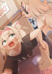  3girls absurdres animal_ear_fluff animal_ears black_hair black_shirt blonde_hair blue_eyes blush commentary dog_ears dog_girl dog_tail door dress english_commentary fuwawa_abyssgard fuwawa_abyssgard_(1st_costume) hairband highres hitachi_magic_wand holding holding_sex_toy hololive hololive_english horn_hairband implied_incest long_hair medium_hair mococo_abyssgard multiple_girls nanachides nerissa_ravencroft nerissa_ravencroft_(1st_costume) open_mouth pink_eyes pink_hairband sex_toy shirt siblings sisters stuck sweat tail twins vibrator virtual_youtuber white_dress white_shirt yuri 